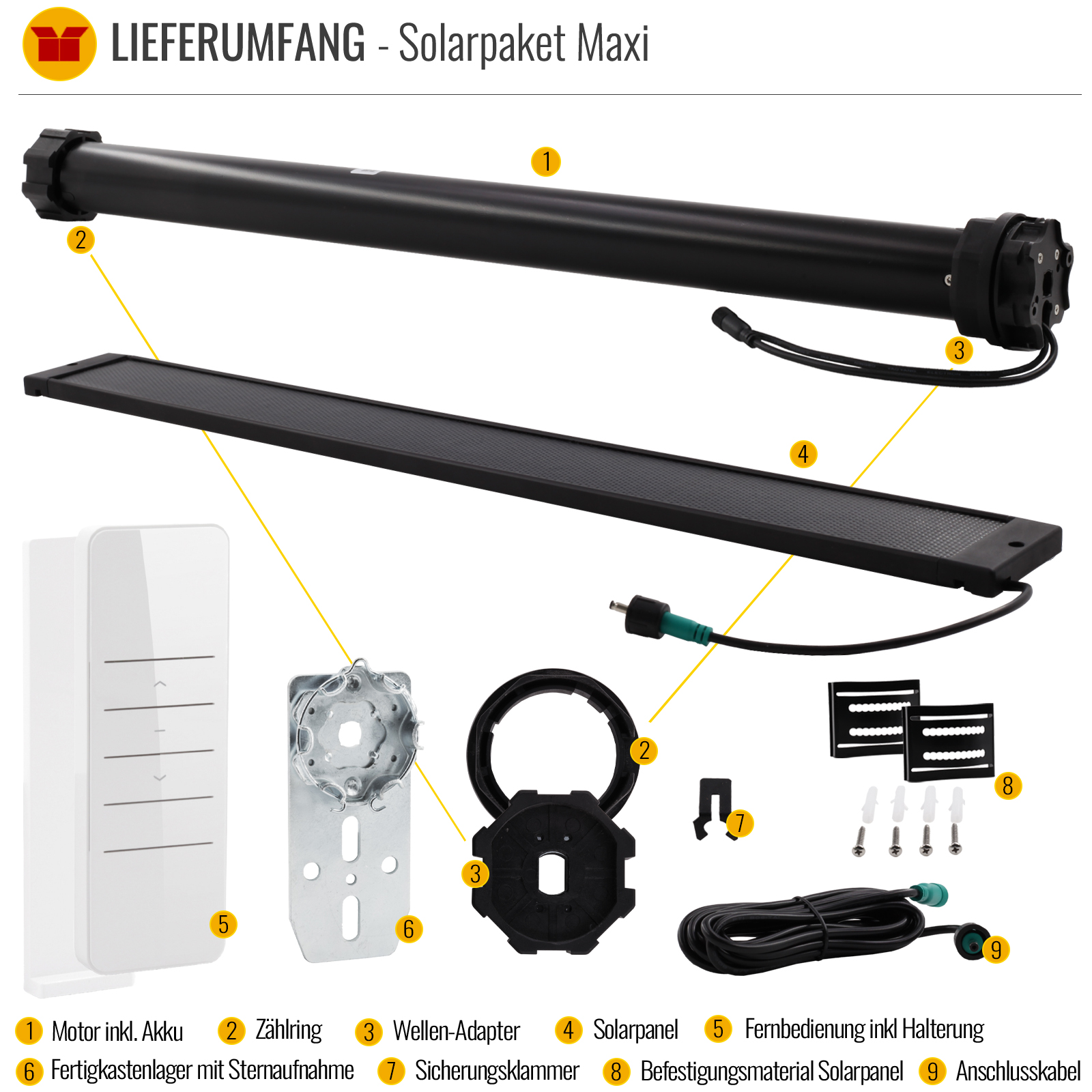 Profi-Line Solarpaket Maxi Rollladenmotor u. Solarpanel Zugkraft 20Nm / 50kg SW60 12V inkl. bidirektionalem 1-Kanal-Handsender