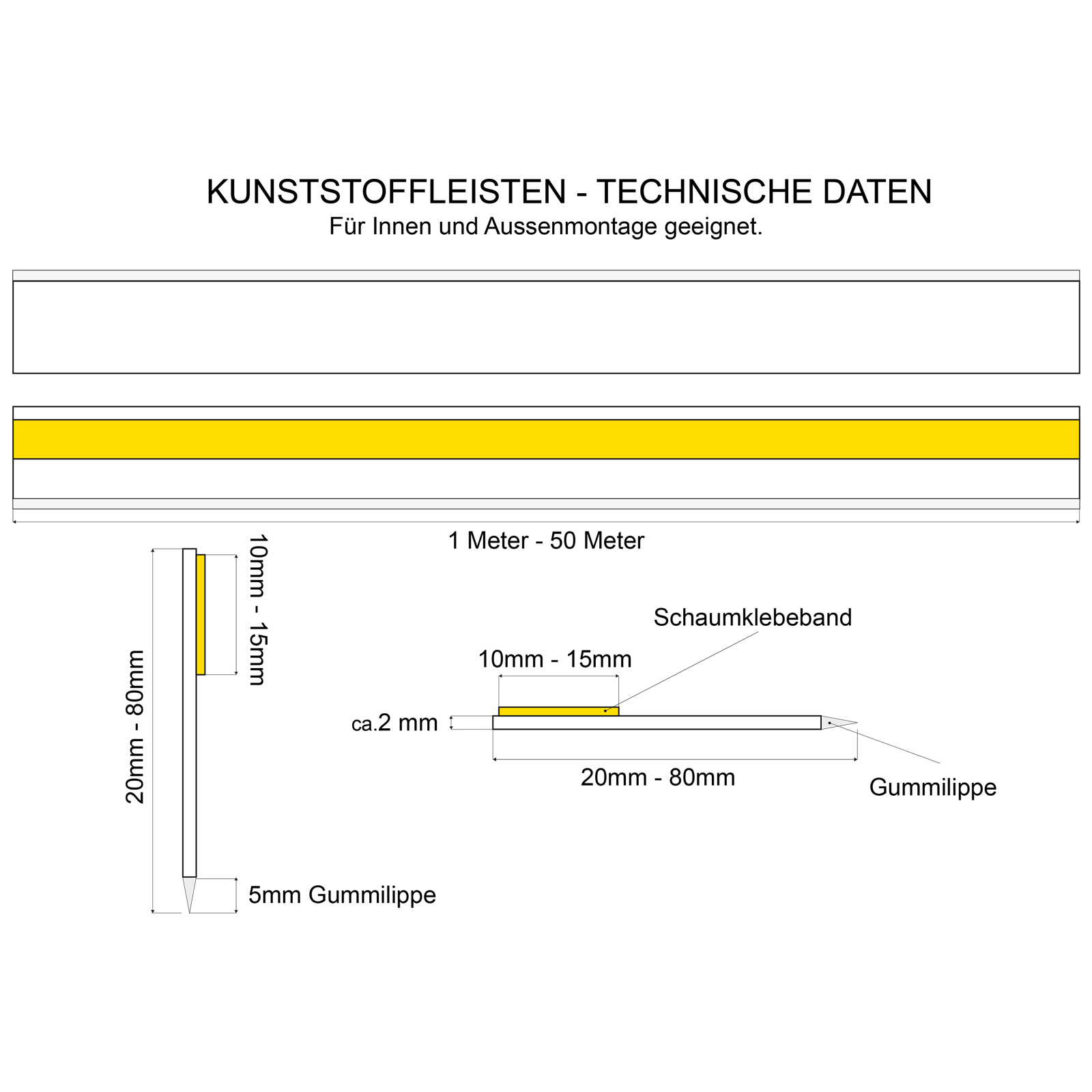 20mm-80mm Fensterleiste / Flachleiste selbstklebend MIT Lippe Stärke 1,5mm
