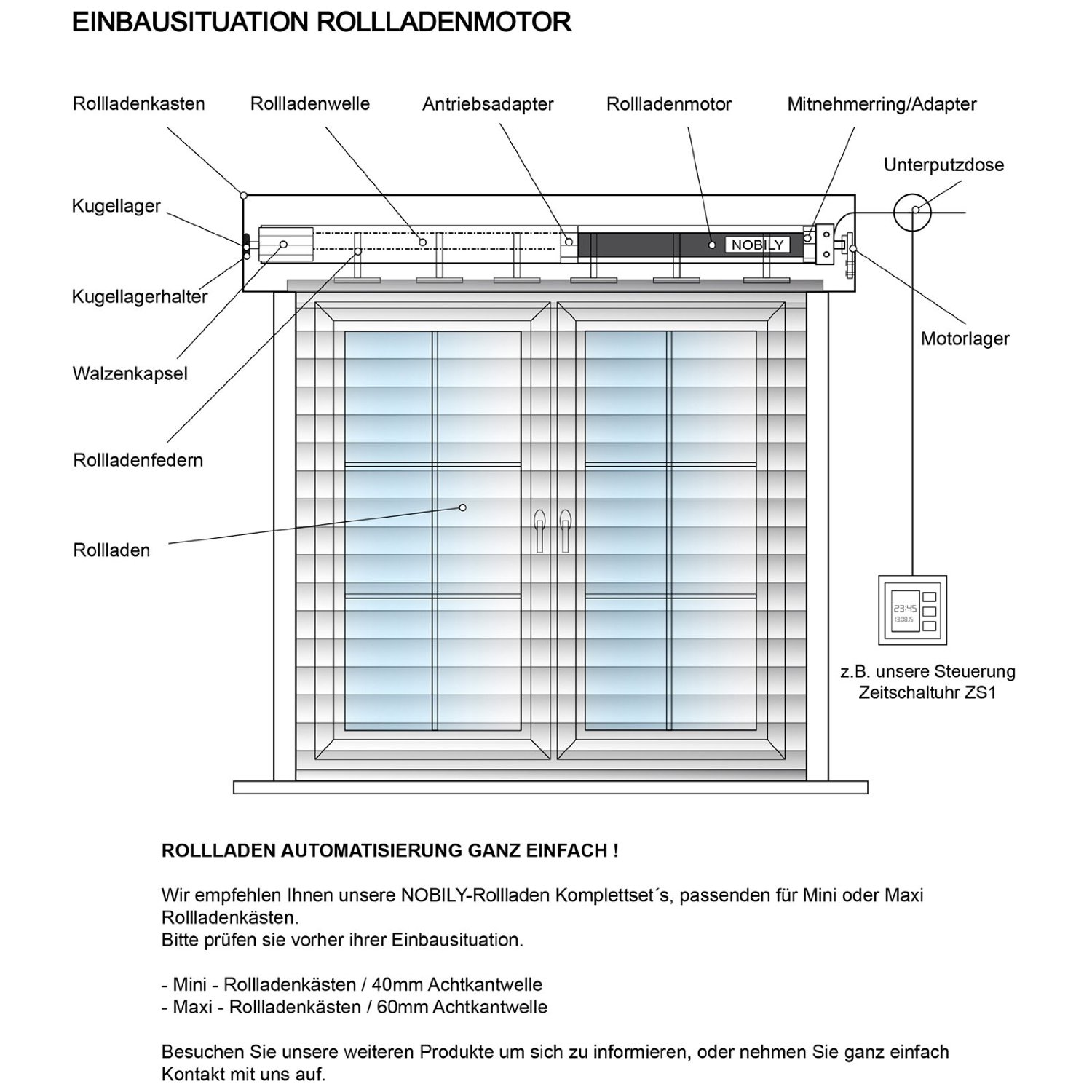 NOBILY Komplettset inkl. Rollladenmotor PE4, Rollladenwelle 100cm u. Mechanik Zubehör Zugkraft 13Nm / 36kg SW40