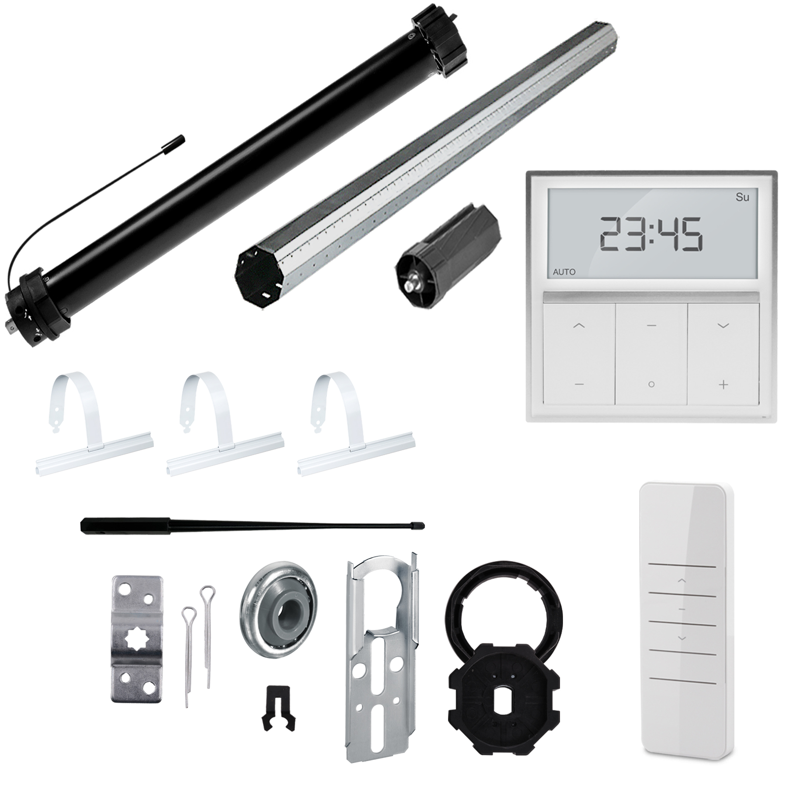NOBILY Komplettset inkl. Funk-Rollladenmotor PR5, Funk-Wandsender Timer Exquisit u. Rollladenwelle 100-350cm Zugkraft 10-40Nm / 25-90kg SW60
