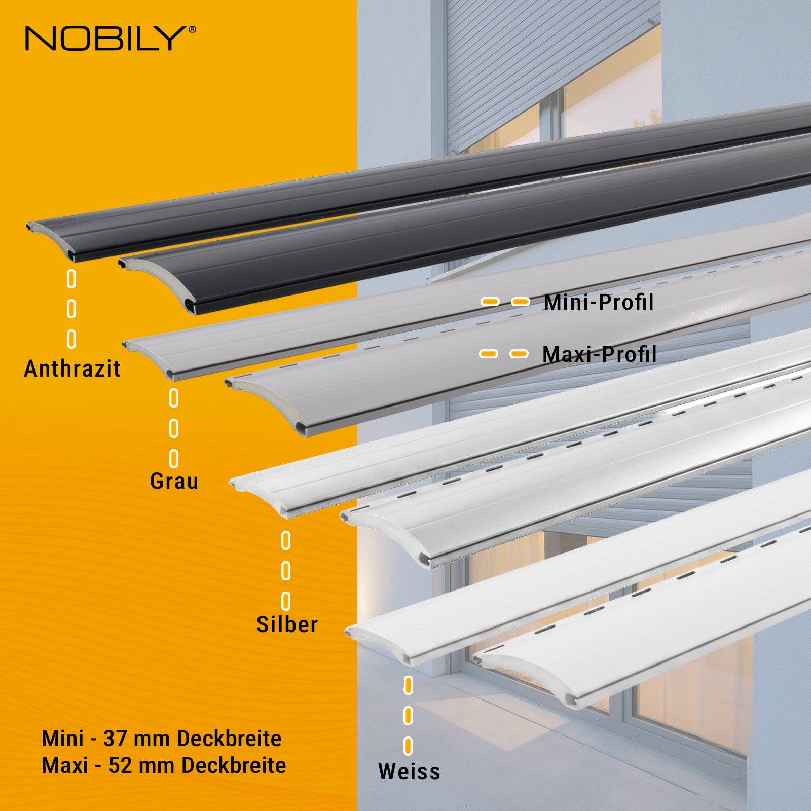 1x Rolladen Lamellen aus Aluminium ohne Lichtschlitze Silber, 52mm Deckbreite, 980mm Länge