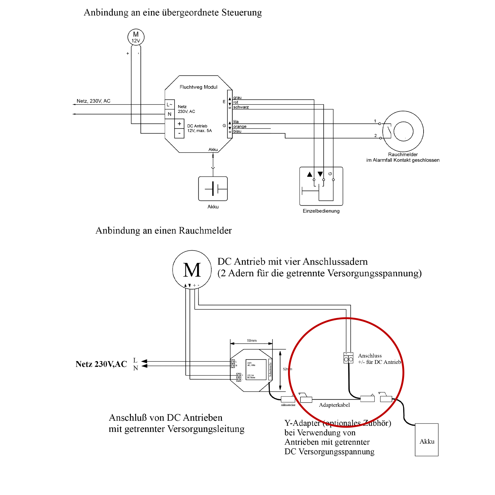 Fluchtweg Adapterkabel für 4 adrige Elero DC Antriebe